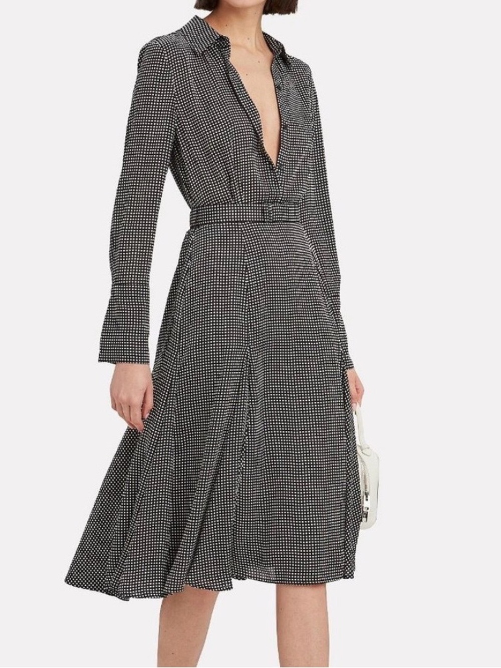 Equipment Womens Bancort Check Printed Belted Midi Dress Sz 2 Black Long Sleeves